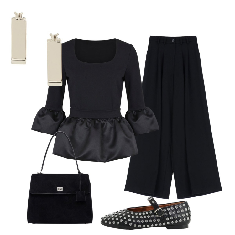 Outfit donna - Serata. Stile Chic per Serata fuori. Abbinamento con borse a mano, orecchini, pantaloni, bluse, ballerine.
