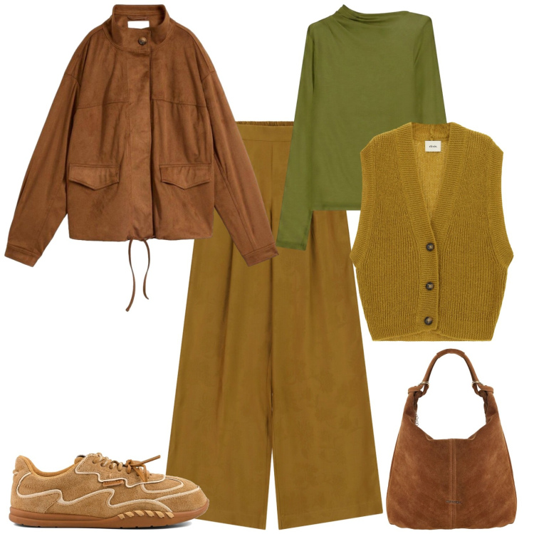 Outfit donna - Mi vesto d autunno. Stile Casual chic per Ufficio. Abbinamento con t-shirt, borse a spalla, pantaloni a palazzo, maglieria, sneakers, bomber.