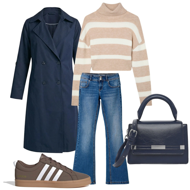 Outfit donna - Un trench casual. Stile Casual per Scuola/Università. Abbinamento con jeans a zampa, maglieria, trench, borse a tracolla, sneakers.