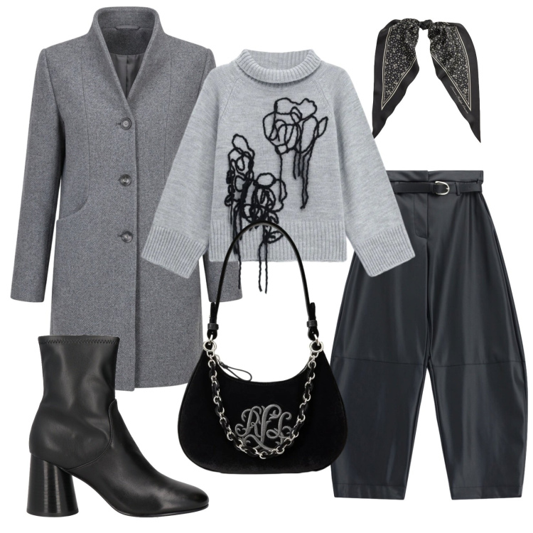 Outfit donna - Black and gray. Stile Glamour per Ufficio. Abbinamento con pullovers, pantaloni, foulard, borse a spalla, cappotti, stivaletti.