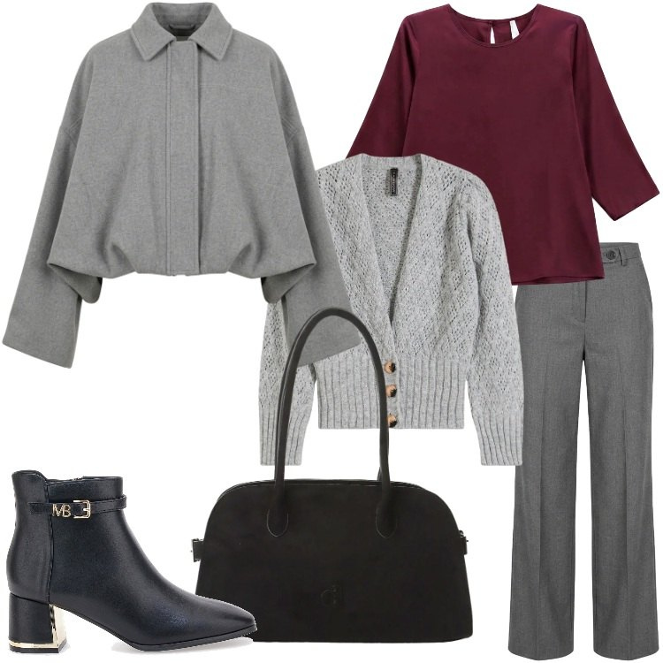 Outfit donna - Smart Layering Strategy. Stile Bon Ton per Ufficio. Abbinamento con bluse, borse a spalla, pantaloni a palazzo, bomber, cardigans, stivaletti.