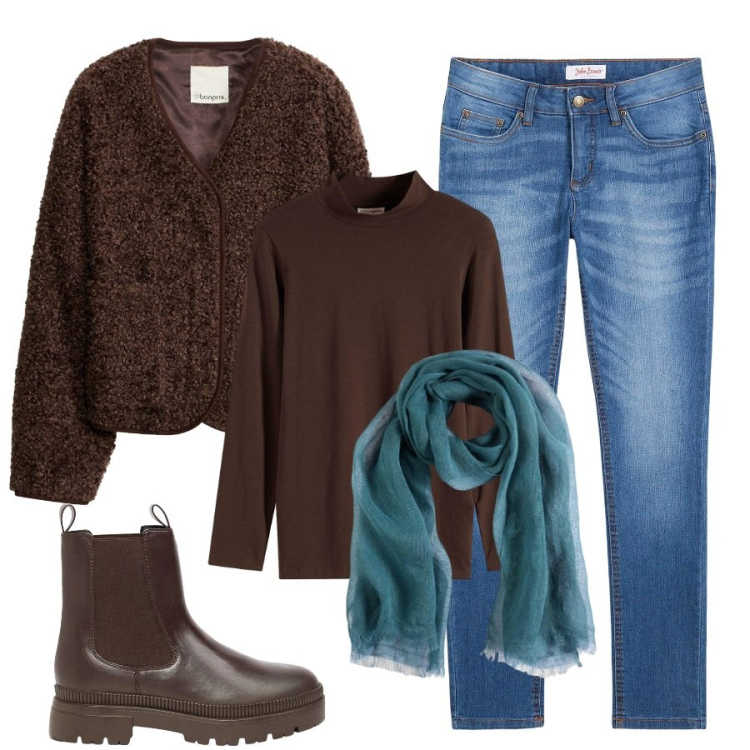 Outfit donna - Blu e cioccolato. Stile Casual per Tutti i giorni. Abbinamento con blazer, maglieria, jeans skinny, stivaletti, sciarpe.