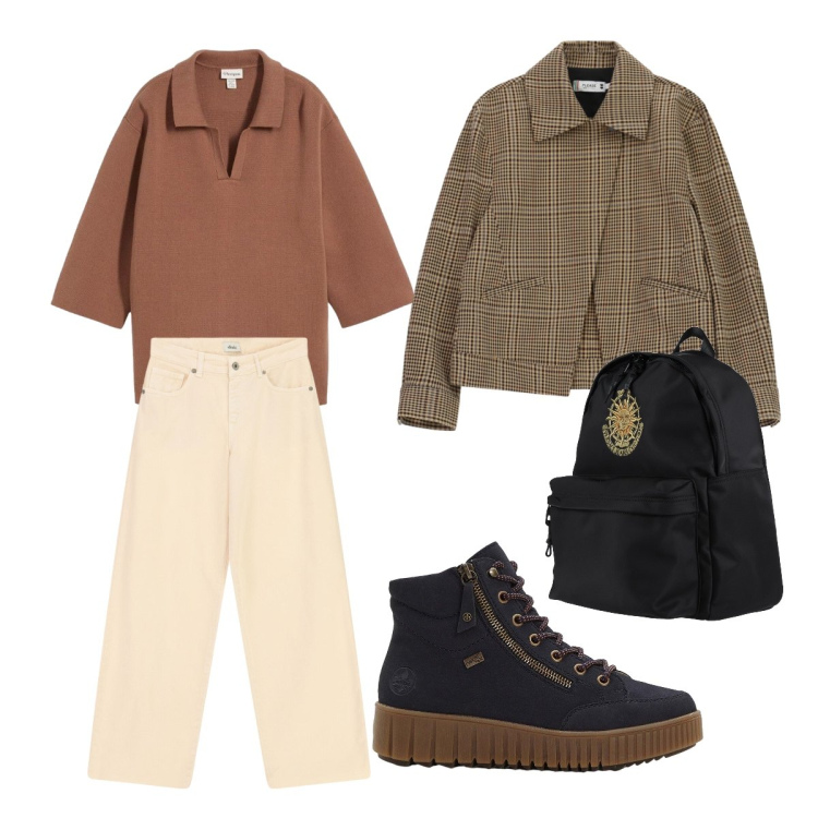 Outfit donna - Monocromo in marrone. Stile Sporty chic per Ufficio. Abbinamento con cappotti, jeans dritti, zaini, sneakers alte, polo.
