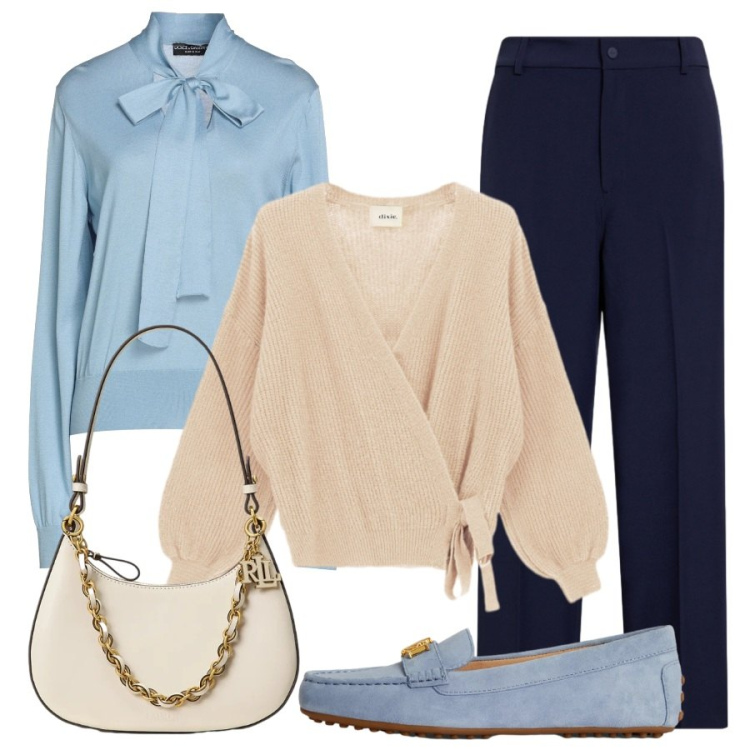 Outfit donna - Elegante in mocassini. Stile Chic per Ufficio. Abbinamento con pullovers, cardigans, mocassini, borse a spalla, pantaloni.