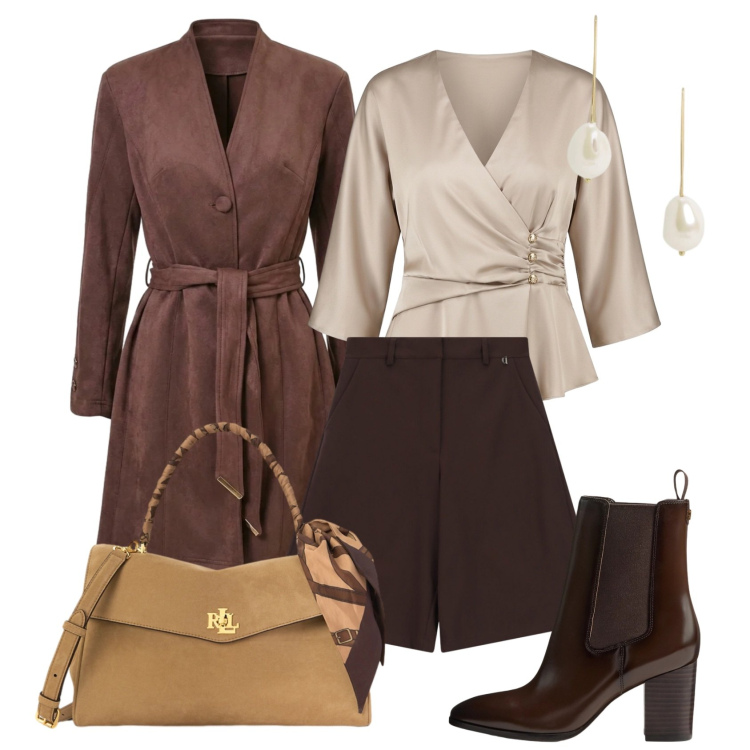 Outfit donna - Un trench elegante. Stile Bon Ton per Serata fuori. Abbinamento con bermuda, trench, bluse, orecchini, stivaletti, borse a mano.