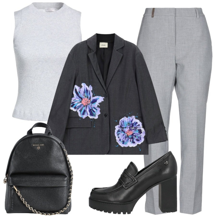 Outfit donna - La giacca con i fiori. Stile Trendy per Ufficio. Abbinamento con pantaloni, zaini, top, mocassini, blazer.