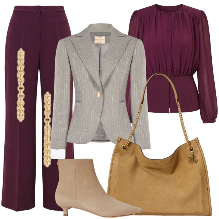 Outfit donna - Dettagli di luce. Stile Sporty chic per Ufficio. Abbinamento con orecchini, stivaletti, borse tote, blazer, pantaloni a palazzo, bluse.