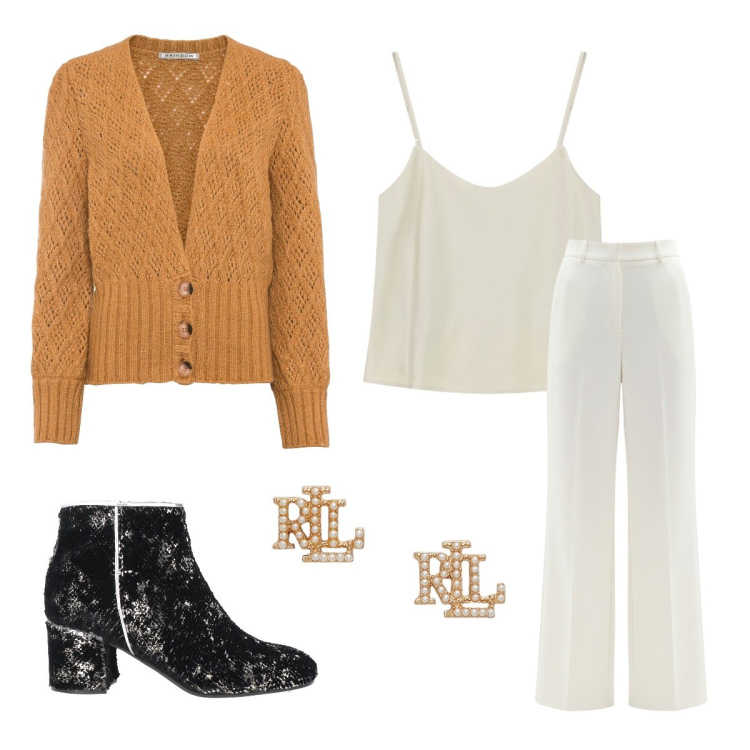 Outfit donna - Week end di relax. Stile Casual chic per Tutti i giorni. Abbinamento con top, orecchini, pantaloni a palazzo, stivaletti, cardigans.