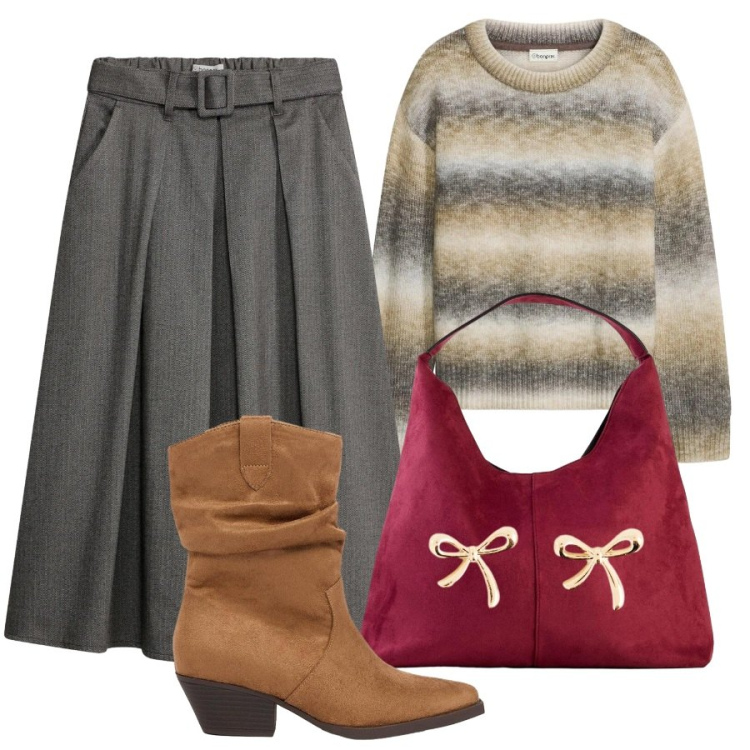 Outfit donna - Stivaletti e gonna. Stile Casual per Scuola/Università. Abbinamento con orecchini, borse a spalla, stivaletti texani, gonne lunghe, maglieria.