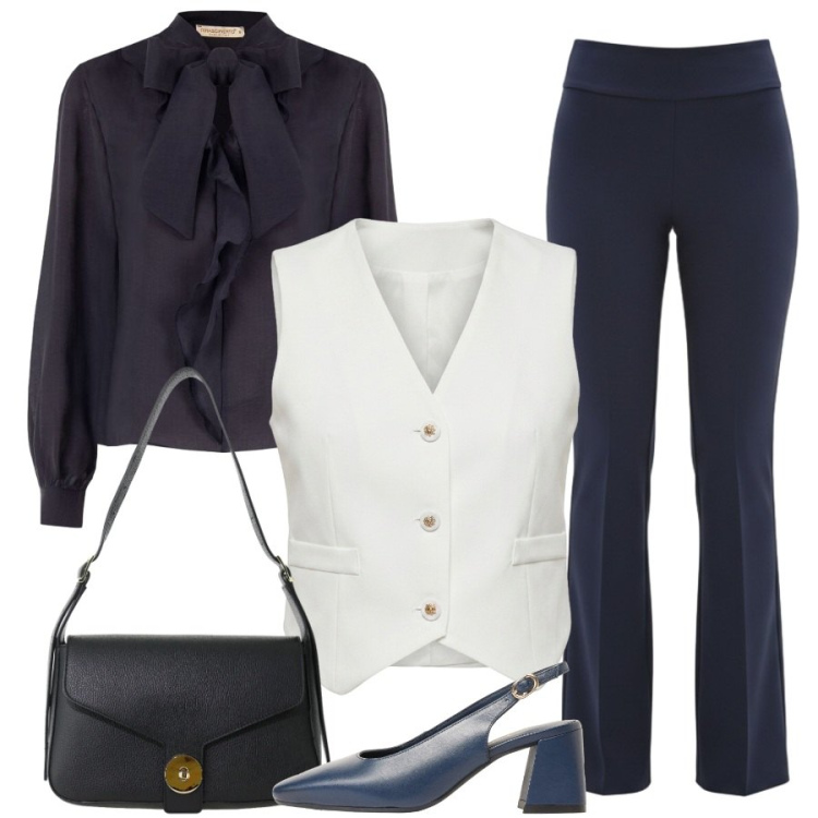 Outfit donna - In bianco e blu. Stile Sporty chic per Ufficio. Abbinamento con borse a spalla, pantaloni, gilet, bluse, décolleté.