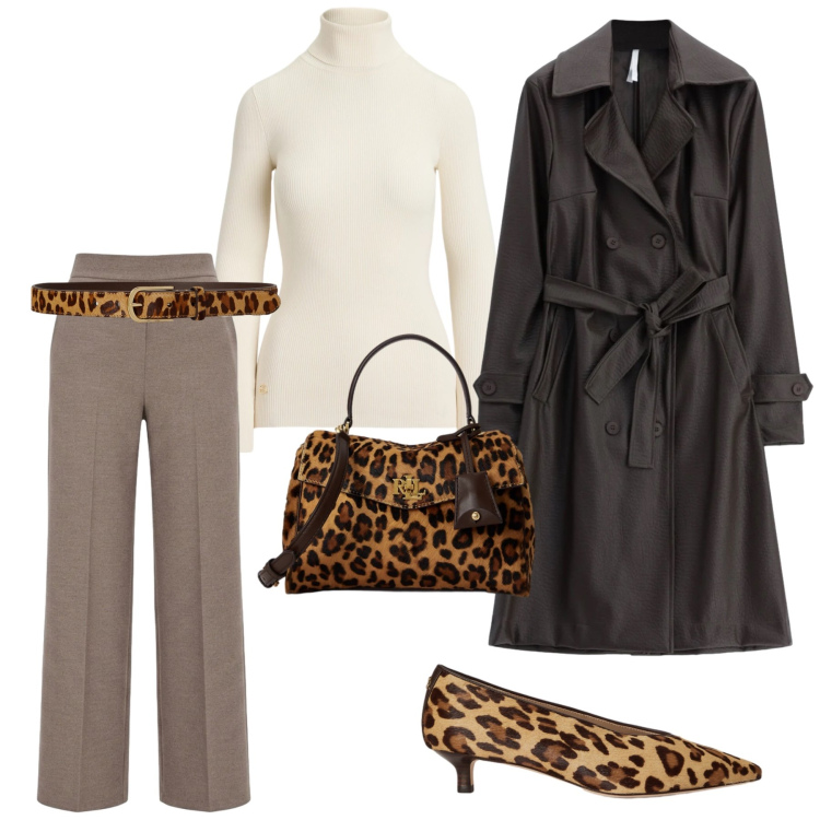 Outfit donna - Un tocco di animalier. Stile Urban per Ufficio. Abbinamento con trench, pantaloni, borse a mano, décolleté, cinture, pullovers.