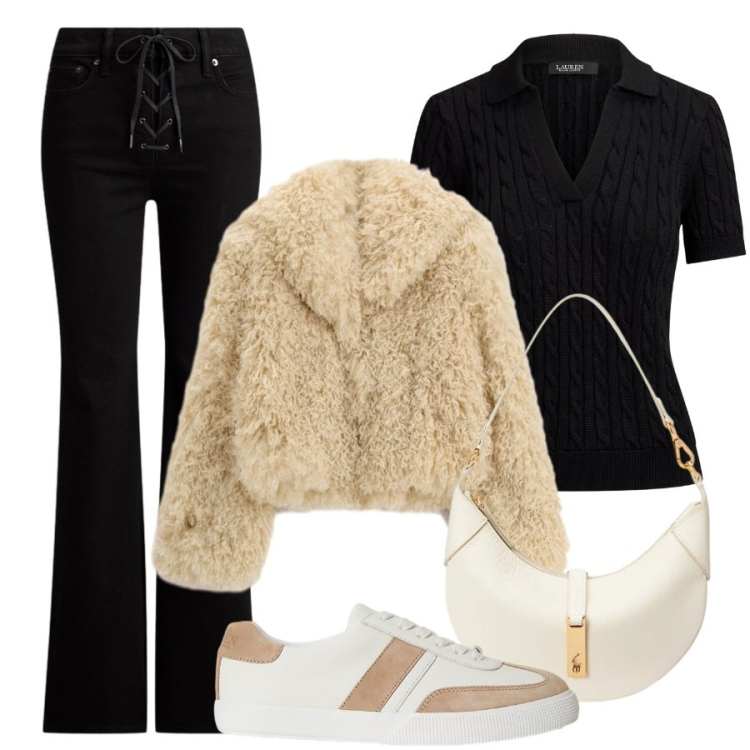 Outfit donna - Stilosa in sneakers. Stile Trendy per Serata fuori. Abbinamento con borse a spalla, sneakers, polo, jeans, ecopellicce.