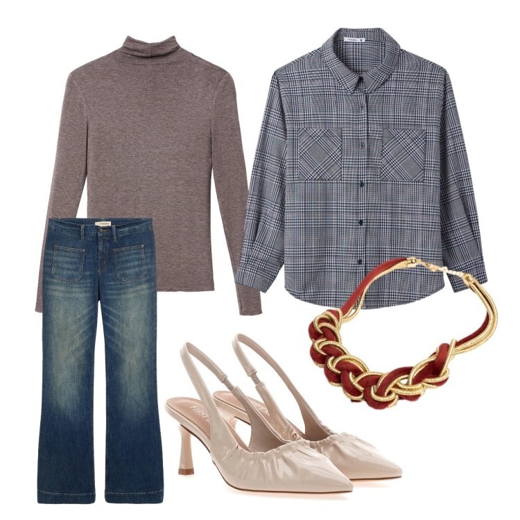 Outfit donna - Celebrare il layering. Stile Casual per Ufficio. Abbinamento con collane, camicie, t-shirt, jeans a zampa, décolleté.