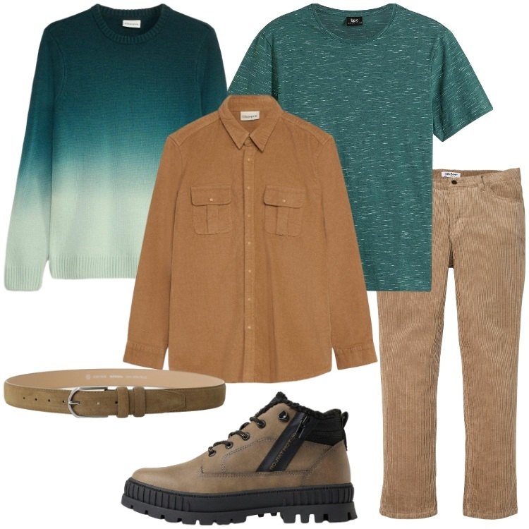 Outfit uomo - Toni del bosco e della terra. Stile Casual per Tutti i giorni. Abbinamento con pantaloni, t-shirt, maglieria, stivali e stivaletti, camicie, cinture.