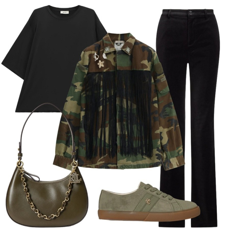 Outfit donna - Verde militare. Stile Trendy per Serata fuori. Abbinamento con t-shirt, camicie, sneakers, borse a spalla, pantaloni.