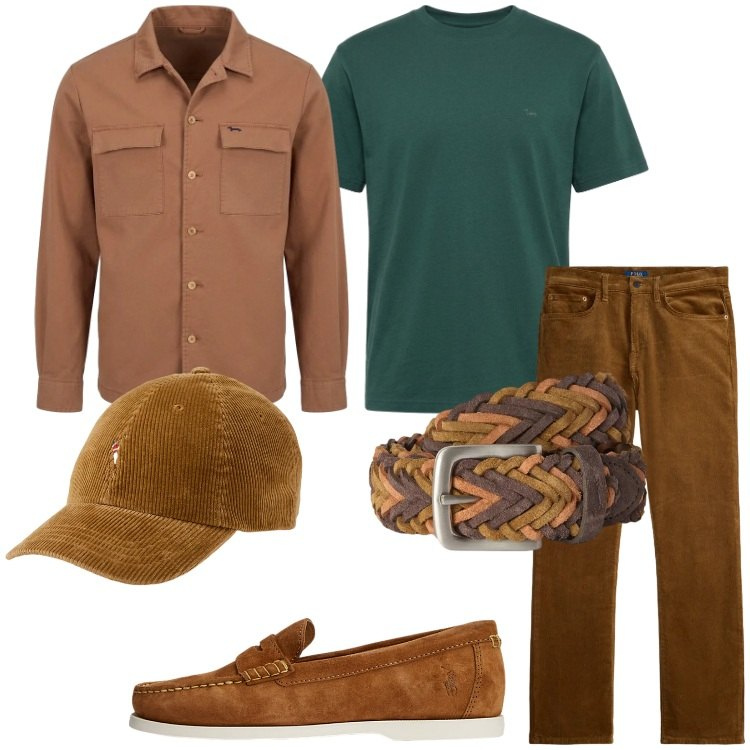 Outfit uomo - Toni del bosco e della terra. Stile Casual per Tutti i giorni. Abbinamento con cappotti, t-shirt, cinture, scarpe stringate, pantaloni, cappelli con visiera.