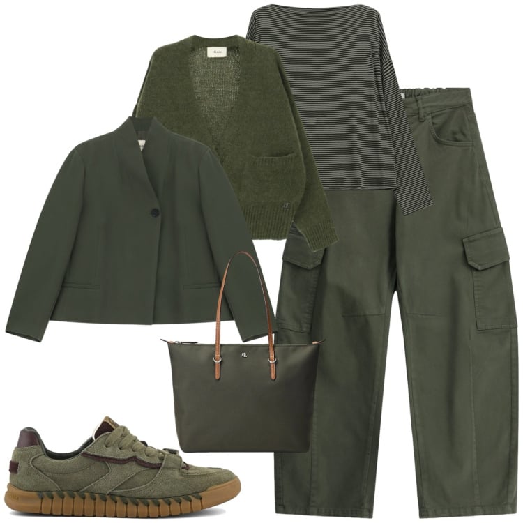 Outfit donna - Casual chic ufficio tempo libero. Stile Casual chic per Ufficio. Abbinamento con borse tote, pantaloni cargo, blazer, t-shirt, cardigans, sneakers.