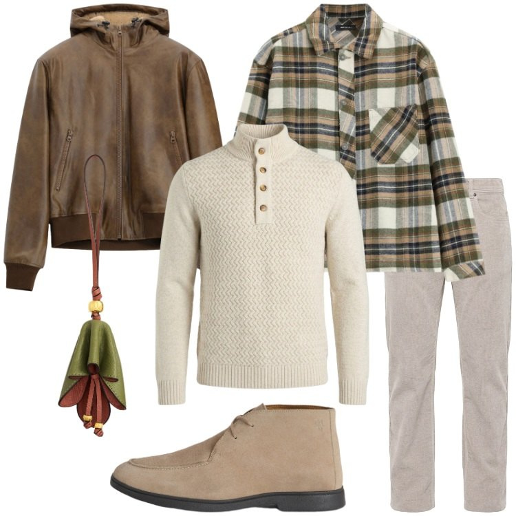 Outfit uomo - Maglieria e layering. Stile Trendy per Serata speciale. Abbinamento con stivali e stivaletti, pullovers, pantaloni, camicie, bomber, portachiavi.