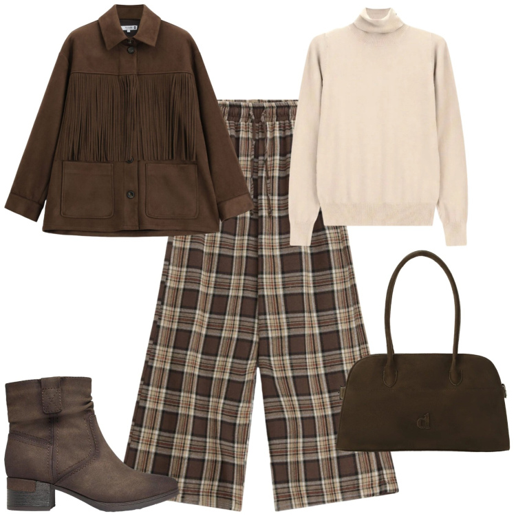 Outfit donna - Casual chic ufficio scuola tempo libero. Stile Casual chic per Tutti i giorni. Abbinamento con pantaloni a palazzo, pullovers, cappotti, borse a spalla, stivaletti.