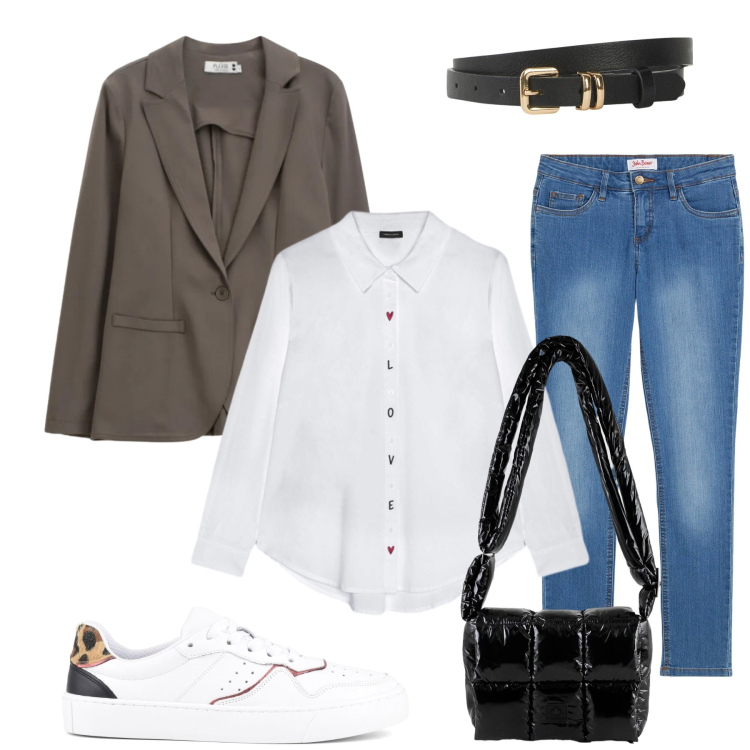 Outfit donna - Total look #2491304. Stile Casual chic per Ufficio. Abbinamento con camicie, blazer, borse a spalla, sneakers, jeans skinny, cinture.
