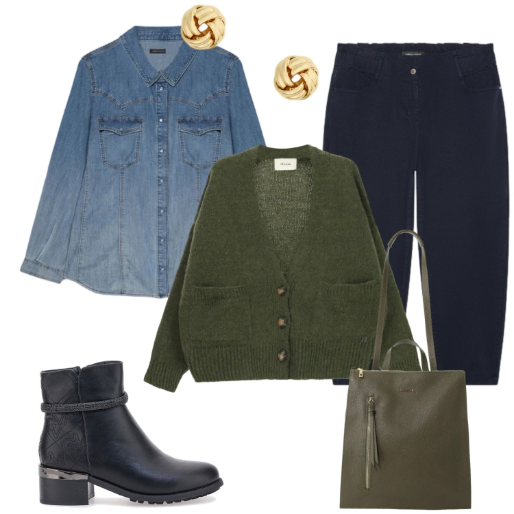 Outfit donna - Total look #2491311. Stile Glamour per Tutti i giorni. Abbinamento con borse a tracolla, camicie, pantaloni, orecchini, cardigans, stivaletti.