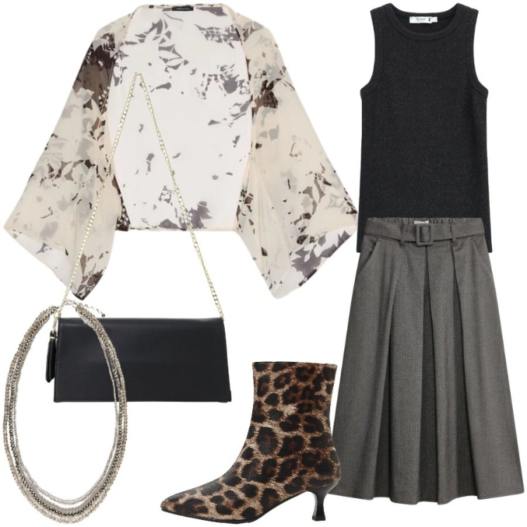 Outfit donna - Cena fuori. Stile Chic per Serata fuori. Abbinamento con bolero, collane, borse a tracolla, canottiere, stivaletti, gonne lunghe.