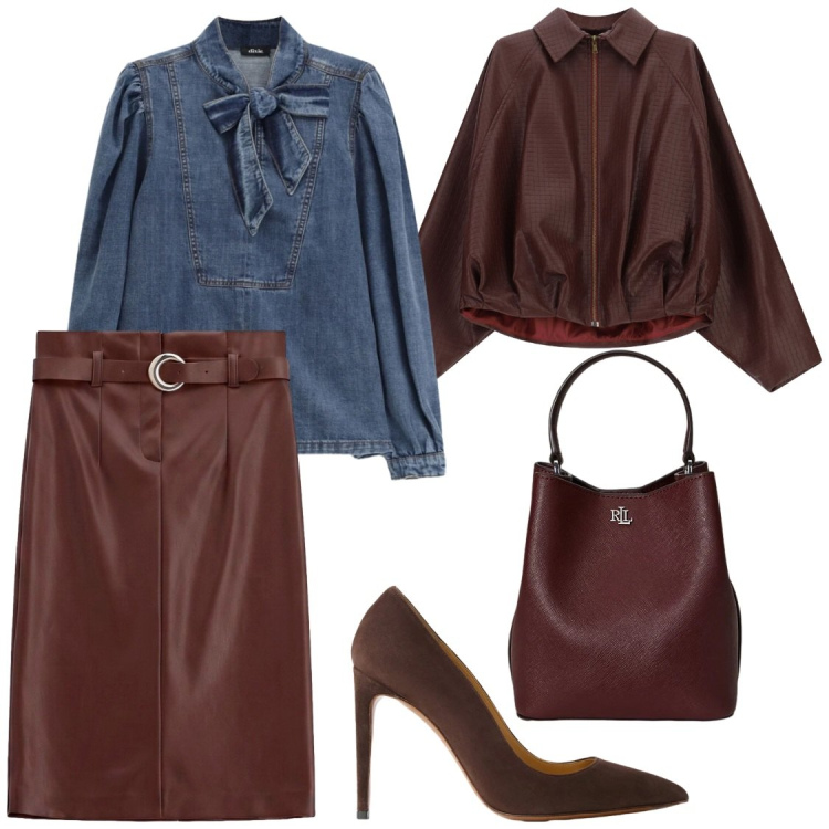 Outfit donna - Jeans e pelle. Stile Glamour per Ufficio. Abbinamento con gonne longuette, décolleté, borse a secchiello, camicie, bomber.