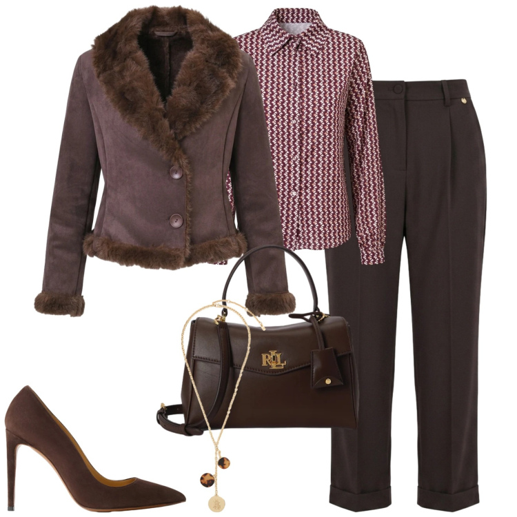 Outfit donna - City. Stile Casual chic per Tutti i giorni. Abbinamento con borse a mano, décolleté, collane, pantaloni, camicie, blazer.