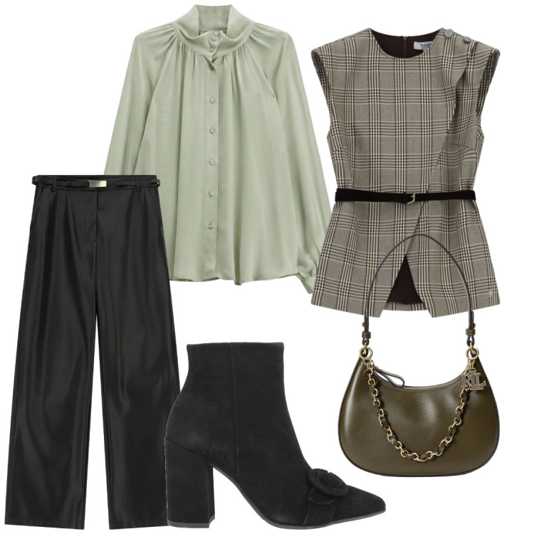 Outfit donna - Glamour in ufficio. Stile Glamour per Ufficio. Abbinamento con pantaloni, camicie, borse a spalla, gilet, stivaletti.