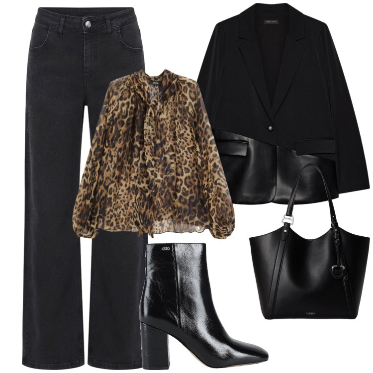 Outfit donna - Un tocco dinpelle. Stile Glamour per Ufficio. Abbinamento con blazer, borse tote, jeans, bluse, stivaletti.