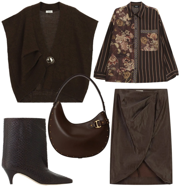 Outfit donna - Glamour in ufficio. Stile Glamour per Ufficio. Abbinamento con borse a spalla, gonne longuette, maglieria, stivali, camicie.