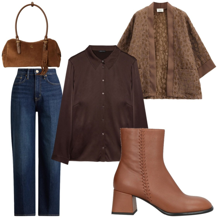Outfit donna - Ufficio. Stile Chic per Ufficio. Abbinamento con camicie, borse a spalla, jeans dritti, kimono, stivaletti.