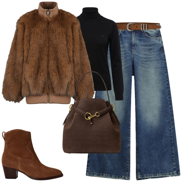 Outfit donna - Fall. Stile Casual chic per Tutti i giorni. Abbinamento con pullovers, stivaletti, cinture, borse a secchiello, blazer, jeans.