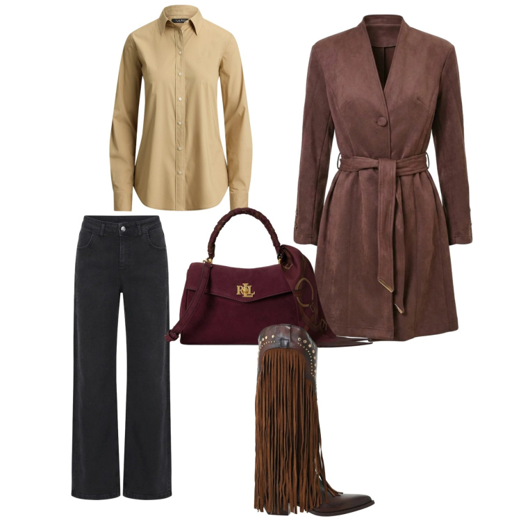 Outfit donna - Total look #2491343. Stile Casual per Ufficio. Abbinamento con borse a mano, camicie, trench, jeans, stivaletti texani.