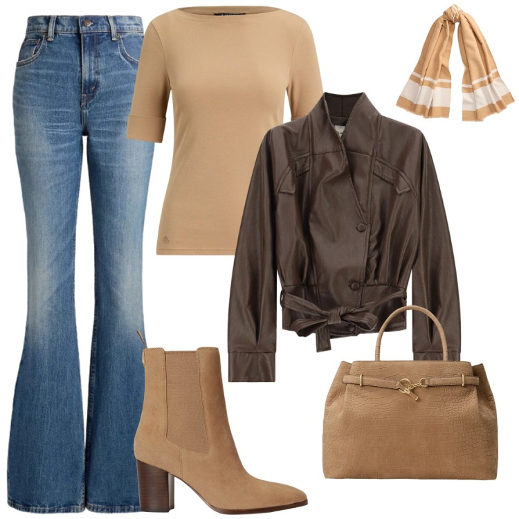 Outfit donna - Autunno. Stile Chic per Ufficio. Abbinamento con jeans, borse a mano, t-shirt, stivaletti, sciarpe, giacche.