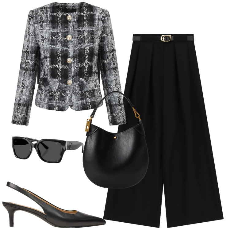 Outfit donna - Fall. Stile Chic per Tutti i giorni. Abbinamento con pantaloni a palazzo, top, occhiali da sole, pochette, décolleté, blazer.