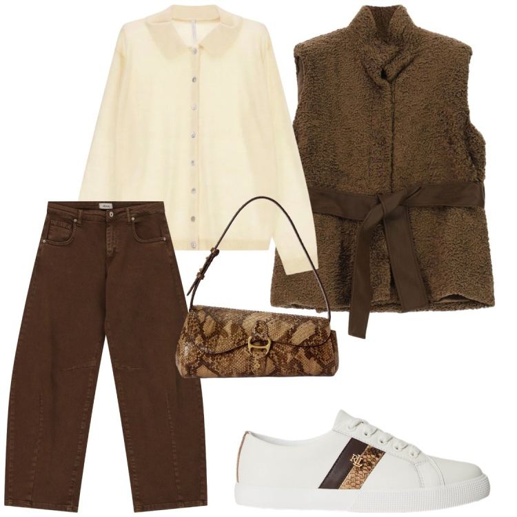 Outfit donna - Glamour in jieans. Stile Glamour per Ufficio. Abbinamento con cardigans, borse a tracolla, sneakers, piumini, jeans.