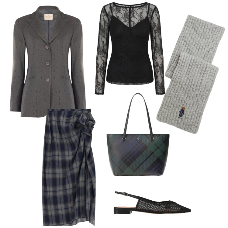 Outfit donna - Total look #2491354. Stile Casual chic per Ufficio. Abbinamento con sciarpe, borse tote, bluse, blazer, gonne longuette, ballerine.