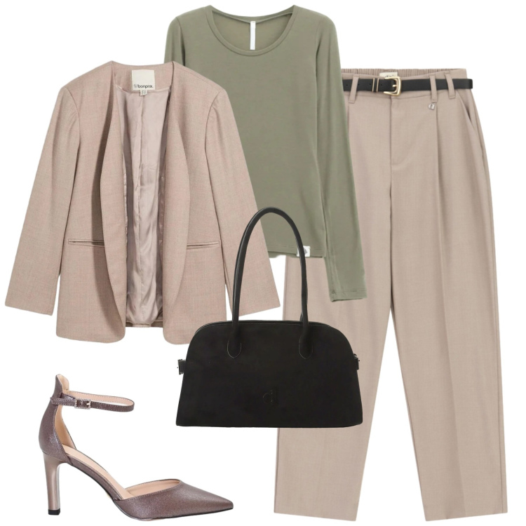 Outfit donna - Sage and beige. Stile Casual chic per Tutti i giorni. Abbinamento con maglieria, décolleté, borse a spalla, pantaloni, blazer.