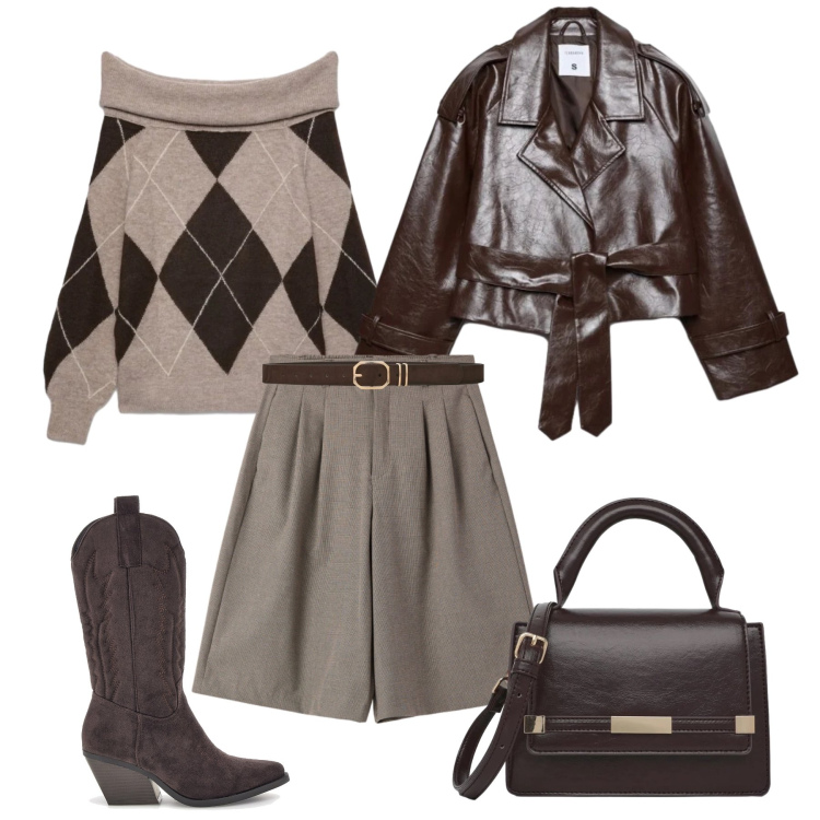 Outfit donna - Dinamica in bermuda. Stile Trendy per Tutti i giorni. Abbinamento con bermuda, maglieria, trench, borse a tracolla, cinture, stivaletti texani.