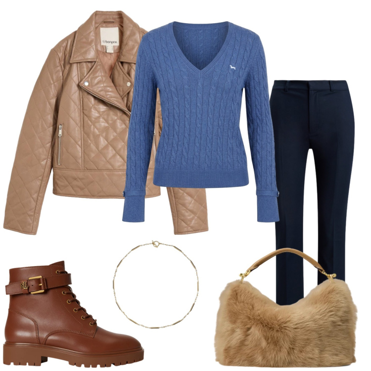 Outfit donna - Total look #2491358. Stile Glamour per Tutti i giorni. Abbinamento con maglieria, anfibi, borse a mano, collane, pantaloni, giacche.