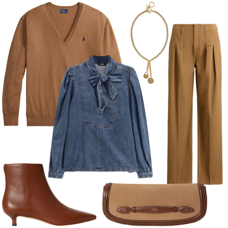 Outfit donna - Total look #2491360. Stile Glamour per Tutti i giorni. Abbinamento con maglieria, clutch, stivaletti, pantaloni, ciondoli, camicie.