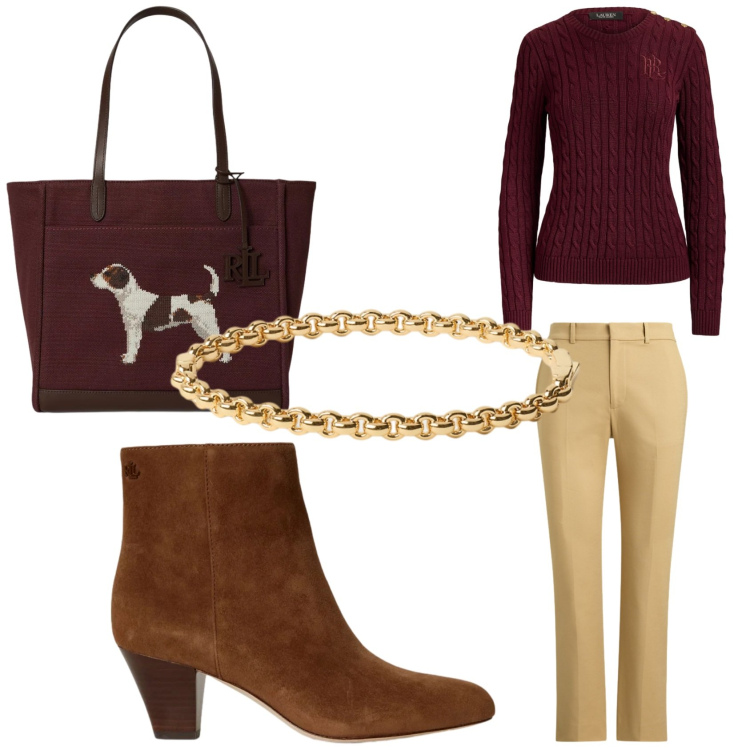 Outfit donna - L'autunno Ralph Lauren. Stile Chic per Tutti i giorni. Abbinamento con borse tote, pantaloni, stivaletti, maglieria, braccialetti.