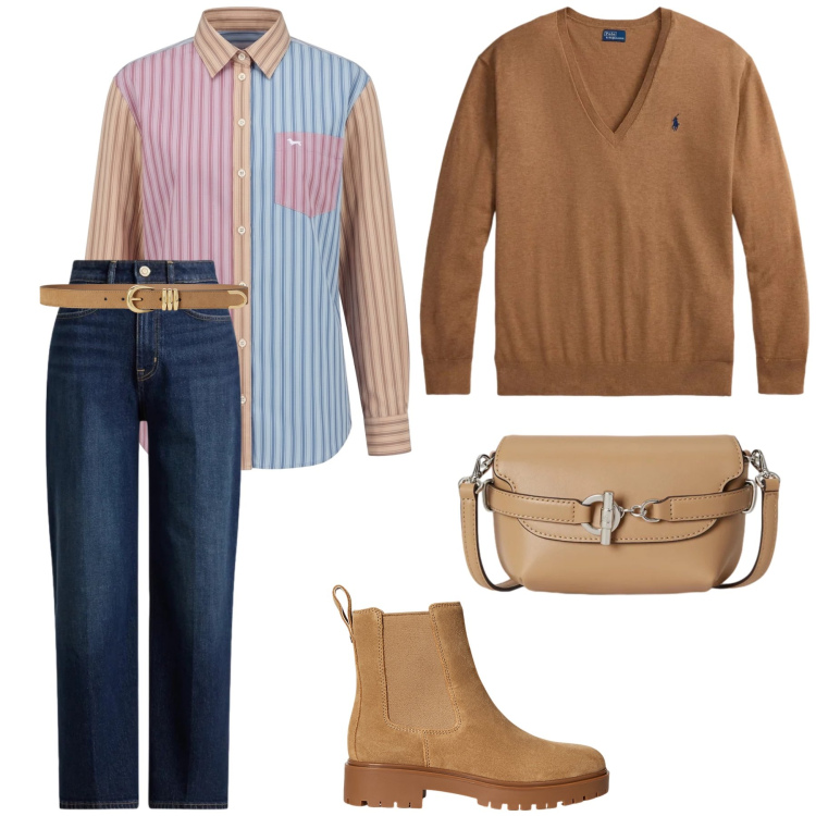 Outfit donna - Sportiva in ufficio. Stile Casual chic per Tutti i giorni. Abbinamento con camicie, stivaletti, borse a tracolla, cinture, jeans dritti, maglieria.
