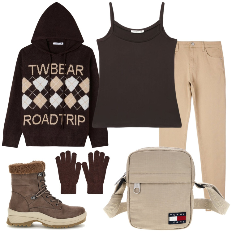 Outfit donna - Total look #2491374. Stile Casual chic per Tutti i giorni. Abbinamento con pantaloni skinny, canottiere, guanti, felpe con cappuccio, borse a spalla, stivaletti.