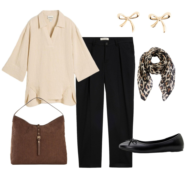 Outfit donna - Minimal bon ton. Stile Bon Ton per Ufficio. Abbinamento con bluse, pantaloni, ballerine, shopping bag, orecchini, foulard.