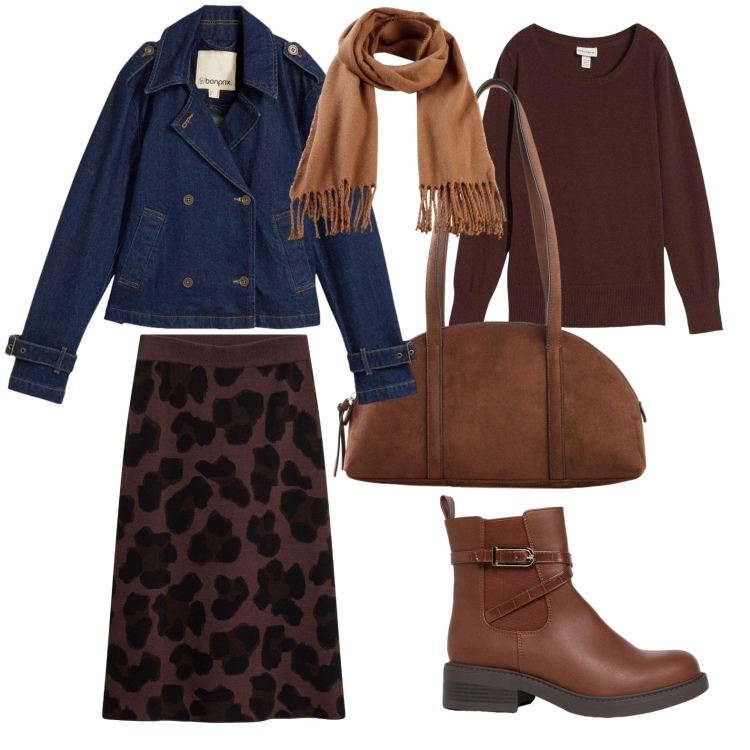 Outfit donna - Toni caldi e denim.. Stile Casual chic per Tutti i giorni. Abbinamento con trench, maglieria, gonne, borse a tracolla, stivaletti, sciarpe.