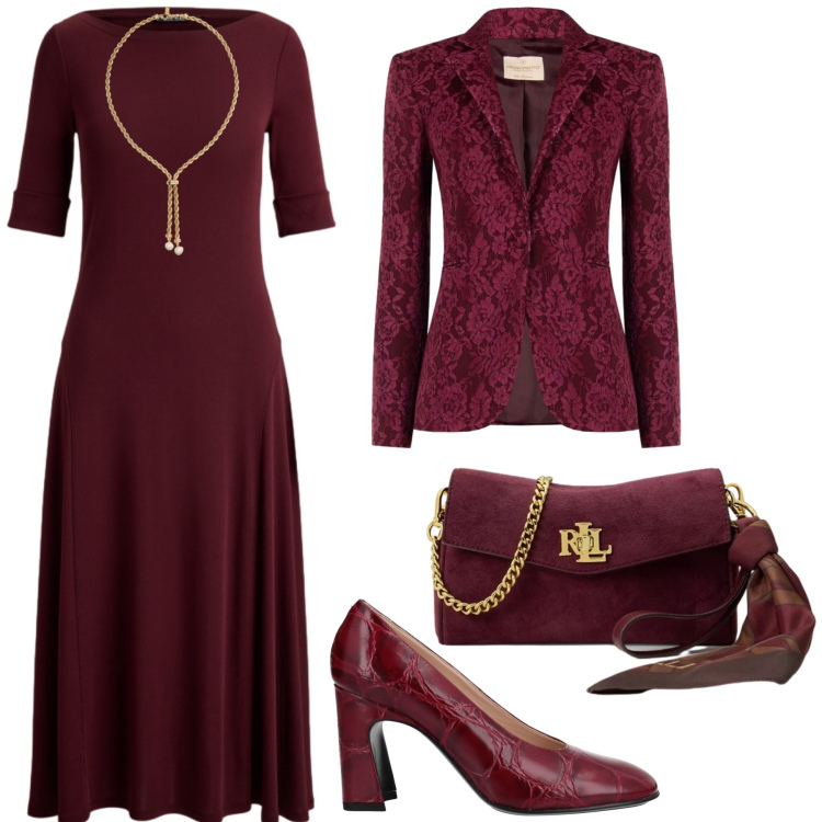 Outfit donna - Total look. Stile Chic per Cerimonia. Abbinamento con vestiti midi/longuette, borse a tracolla, collane, blazer, décolleté.