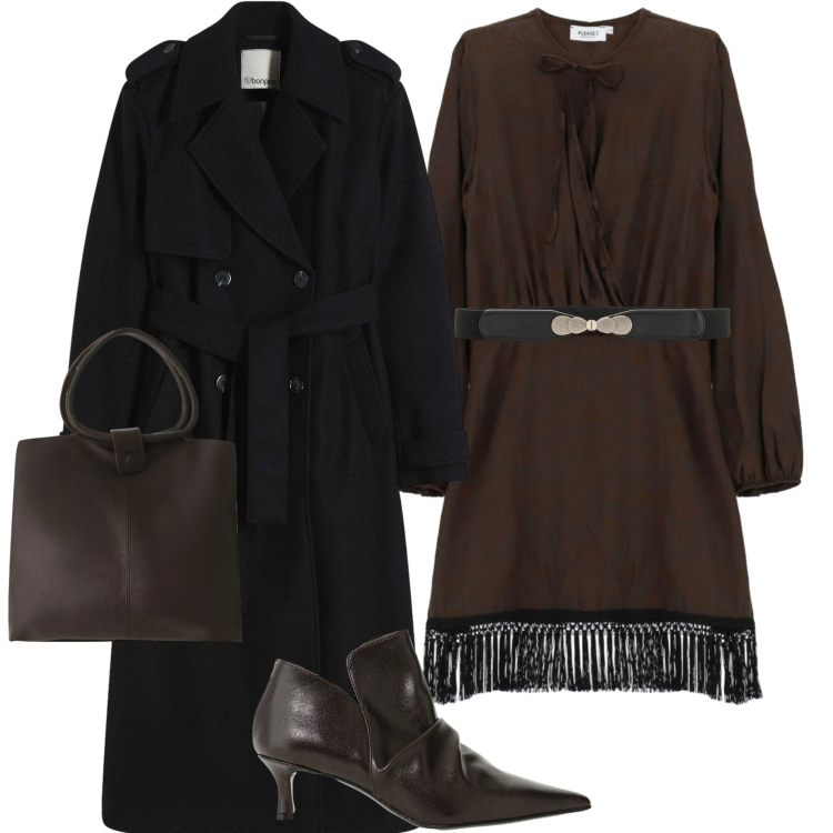 Outfit donna - Abito e frange. Stile Casual chic per Serata fuori. Abbinamento con trench, cinture, stivaletti, vestiti corti, pochette.