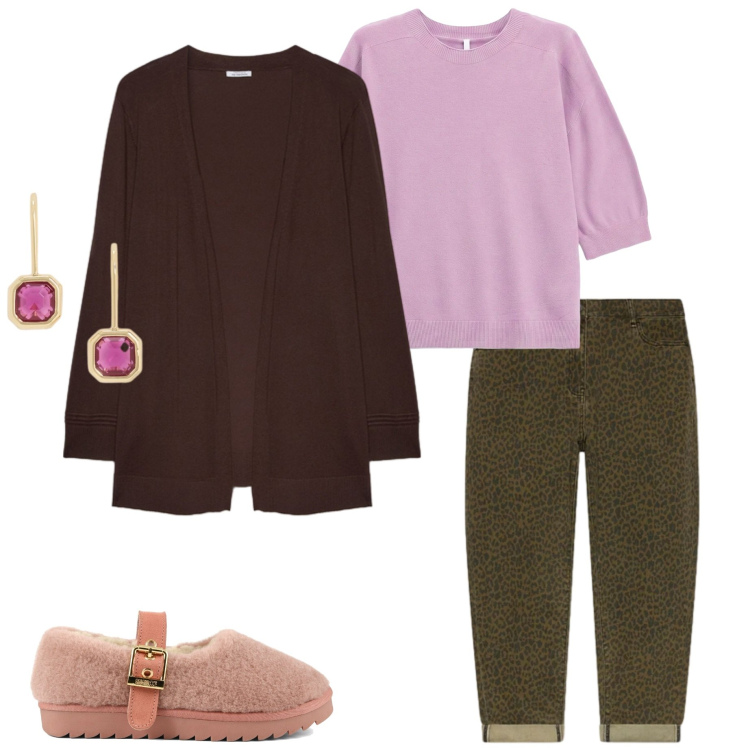 Outfit donna - Casual quotidiano. Stile Casual per Tutti i giorni. Abbinamento con maglieria, cardigans, jeans, orecchini, ballerine.